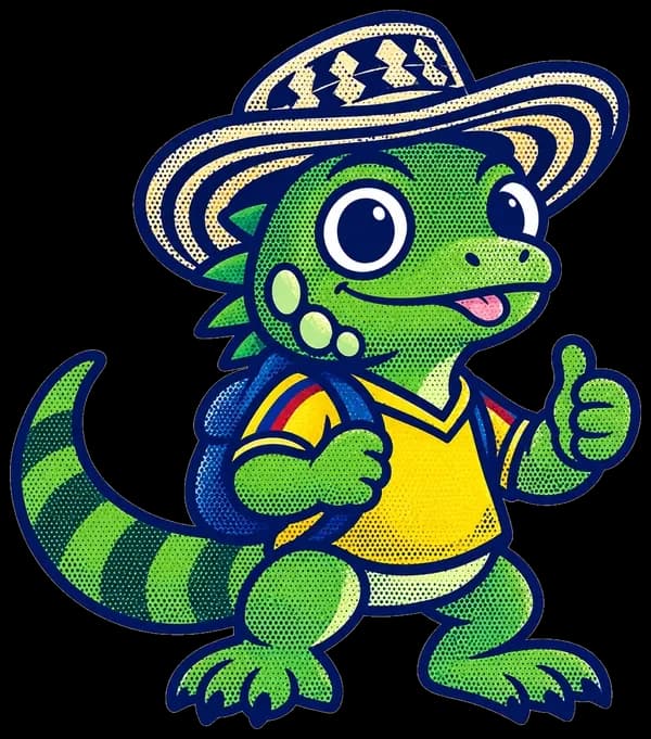 Lulo, tu iguano explorador con sombrero vueltiao y camiseta amarilla